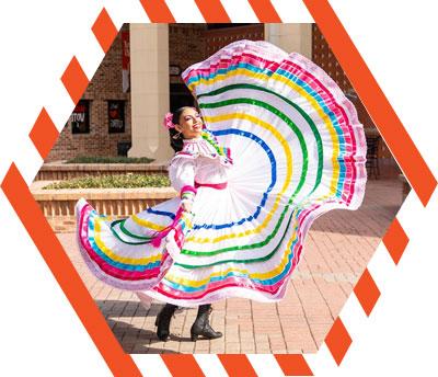 woman dancing and twirling a colorful Mexican dress